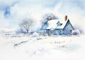 Merry Christmas and Happy Holidays, watercolour printable art print, English countryside cottage as snow winter holiday Christmas