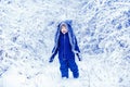 Merry Christmas and happy holidays. Winter child. Little child in snow field. Enjoying nature wintertime. Concept winter Royalty Free Stock Photo
