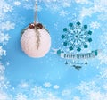 Merry Christmas and happy holidays wishes quotes  greeting card decoration white tree ball on blue background banner copy space Royalty Free Stock Photo