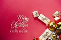 Merry Christmas and happy holidays xmas gifts. Baubles, presents, candy with christmas ornaments. Top view. Christmas family Royalty Free Stock Photo