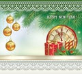 Merry Christmas and Happy New Year 2021. Christmas card with gift boxes, candles and clocks on the background of fir branches. Royalty Free Stock Photo