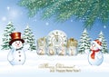 Merry Christmas and Happy New Year 2021. Greeting card, festive background, holiday banner with snowy winter landscape. Vector ill Royalty Free Stock Photo