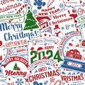 Merry Christmas and Happy New Year 2024 seamless pattern with snowflakes, hanging Christmas ball, Santa Claus, snowman Royalty Free Stock Photo