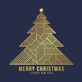 Merry Christmas and happy New year - Abstract gold modern stripe lines cross christmas tree with star above on navy background Royalty Free Stock Photo