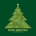 Merry Christmas and happy New year - Abstract gold modern stripe lines curve shape christmas tree with star on green background Royalty Free Stock Photo