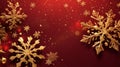 Merry Christmas and Happy new year. Abstract gold snowflakes on red background Royalty Free Stock Photo