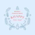 Merry Christmas and Happy New Year Abstract Greeting Card or Banner with Christmas Wreath and Retro Typography. Sketch Royalty Free Stock Photo