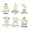 Merry Christmas and Happy New Year Abstract Vector Signs, Labels or Logo Templates Set. Hand Drawn Deer, Candy Canes Royalty Free Stock Photo