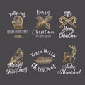 Merry Christmas and Happy New Year Abstract Vector Signs, Labels or Logo Templates Set. Hand Drawn Deer, Glove, Candy Royalty Free Stock Photo