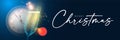 Merry Christmas and Happy New 2021 Year background with champagne glasses, clock, lights and bokeh effect Royalty Free Stock Photo