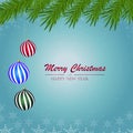 Merry Christmas and Happy New Year background. Christmas tree branches with New Year`s toys on a blue background. Vector Royalty Free Stock Photo