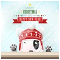 Merry Christmas and Happy New Year background with dog standing behind window