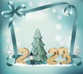 Merry Christmas and Happy New Year Background with 2023 and gift boxes and blue ribbons.