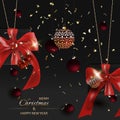 Merry Christmas and Happy New Year Background. Gift boxes with realistic red bow and Holly Berries. Red Christmas balls, glitter Royalty Free Stock Photo