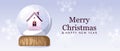 Merry Christmas and Happy New Year. Christmas background with a glass snow globe, a winter house, snowflakes. Royalty Free Stock Photo