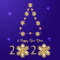 Merry Christmas and Happy New Year 2020 background with golden text shiny snowflakes