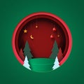 Merry Christmas and Happy new year background.Green podium in Red circle decorated with christmas tree,christmas ball and stars Royalty Free Stock Photo