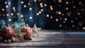 Merry Christmas and Happy New Year background with luxury red balls, fir branches, golden stars and bokeh lights on blurred Royalty Free Stock Photo