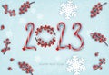 Merry Christmas and Happy New Year background with a 2023, red berries, candy cane and snowflakes.