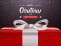 Merry Christmas And Happy New Year Background Red Gift Box With White Ribbon Bow Holiday Greeting Card Design Royalty Free Stock Photo
