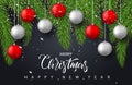 Merry Christmas and Happy New Year background with red and silver balls,tree branches and confetti. Holiday greeting Royalty Free Stock Photo