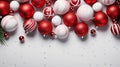 Merry Christmas and Happy New Year background with red and white balls decoration, silver stars confetti. Festive winter holiday Royalty Free Stock Photo