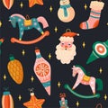 Merry Christmas and Happy New Year background. Seamless pattern with various tree decorations.