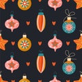 Merry Christmas and Happy New Year background. Seamless pattern with various tree decorations.