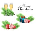 Merry Christmas and Happy New Year backgrounds. Realistic Christmas tree branch and accessories.