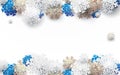 Merry Christmas and Happy New Year banner. Abstract white, gold and blue snowflakes background. Paper art and craft design