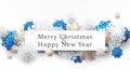 Merry Christmas and Happy New Year banner. Abstract white, gold and blue snowflakes with space for your text. Paper art and craft Royalty Free Stock Photo