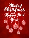 Merry Christmas and Happy New Year, banner. Beautiful greeting lettering decorated with decorative xmas decorations Royalty Free Stock Photo