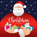 Merry christmas and happy new year banner with Big kind Santa Claus hold gifts on snow fall vector design