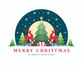 Merry christmas and happy new year banner card with red twin reindeer between christmas tree, gift and snow fall at night on dot Royalty Free Stock Photo