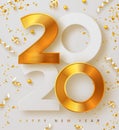 Merry Christmas And Happy New Year 2020 Banner With Golden Luxury Numbers And Serpentine. Gold Festive Numbers Design