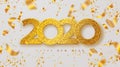 Merry Christmas and Happy new year 2020 banner with golden luxury numbers and serpentine. Gold Festive Numbers Design