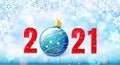 Merry Christmas and Happy New Year 2021 banner. Holiday vector illustration with paper snowflakes background, red number and Royalty Free Stock Photo