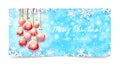 Merry Christmas and Happy New Year banner. Holiday vector illustration with red Christmas balls and paper snowflakes on blue Royalty Free Stock Photo