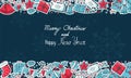 Merry Christmas and Happy New Year banner with horizontal borders.  Christmas Greeting Card with Stickers in doodle style. Xsmas Royalty Free Stock Photo