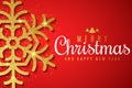 Merry Christmas and Happy New Year banner. Luxury and shiny snowflake of golden glitters on a red background. Greeting card. Royalty Free Stock Photo