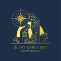 Merry Christmas and happy new year banner - modern gold line The Nativity with mary and joseph in a manger with baby Jesus and Royalty Free Stock Photo