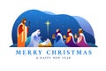 Merry christmas and happy new year banner - Nativity of Jesus scene, mary and joseph in a manger with baby Jesus and Three wise Royalty Free Stock Photo