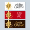 Merry Christmas, Happy New Year banner with realistic 3d gold bow ribbon and calligraphy lettering. Vector illustration Royalty Free Stock Photo