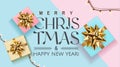 Merry Christmas and Happy New Year banner with realistic top view pink and blue gift boxes, christmas ball, Holiday Xmas Royalty Free Stock Photo