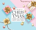 Merry Christmas and Happy New Year banner with realistic top view pink and blue gift boxes, christmas ball, Holiday Xmas Royalty Free Stock Photo