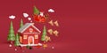 Merry Christmas and Happy New Year, Banner of Red house in the pine forest with Christmas gifts given by Santa Claus Royalty Free Stock Photo