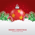 Merry Christmas and happy new year banner template with illustration of red bauble on the snow with fir leaves Royalty Free Stock Photo