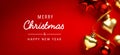 A Merry Christmas and happy New Year banner; Christmas Tree Decorations on Red Background