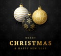 Merry christmas and happy new year banner. Vector illustration card with golden, black and white christmas tree ball on luxury Royalty Free Stock Photo