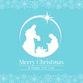 Merry christmas and happy new year banner with white Nativity of Jesus scene and start on blue snow background vector design